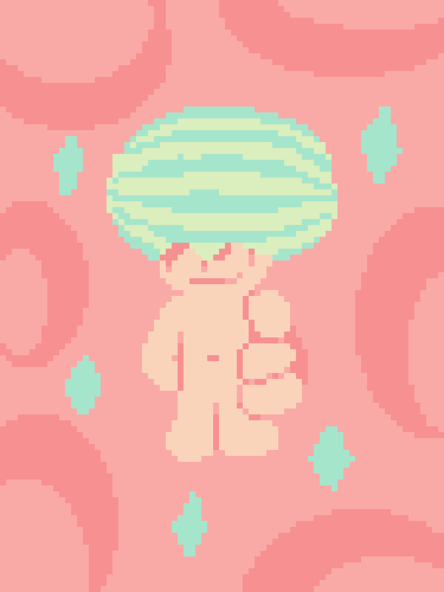 A pixelated, low-resolution image shows a stylized, peach-colored character with a large, layered green and light green hat…
