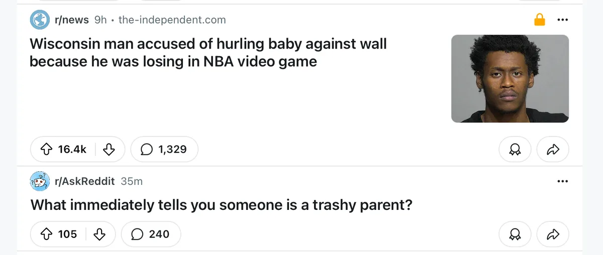 A Reddit post from r/news shows a mugshot of a man with a neutral expression, accompanied by the headline 'Wisconsin man…
