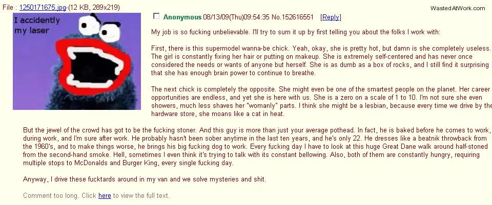 A cartoon image of a purple square with a large red laser mouth and googly eyes, overlaid with a long red text post from an…