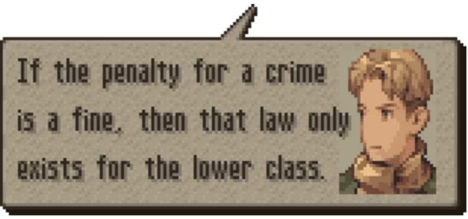 A pixel-art dialogue box from a video game shows a character with blond hair and a brown collar speaking. The text in the…