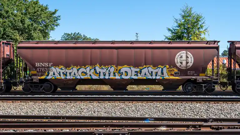 A brown Burlington Northern Santa Fe (BNSF) freight train car sits on tracks under a clear blue sky, with trees in the…