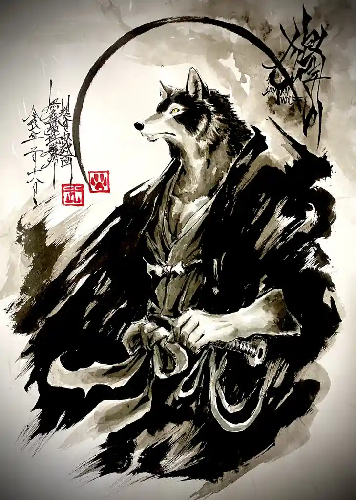 A stylized ink painting depicts a wolf with human-like posture, wearing traditional samurai robes and holding a sword hilt…