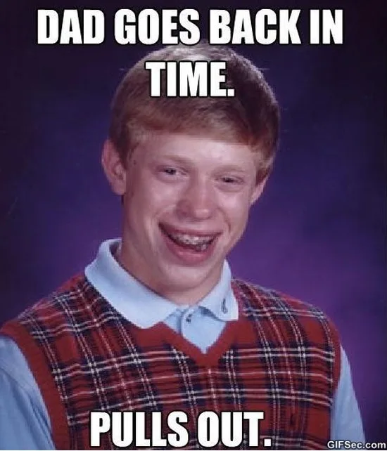 A young man with red hair, braces, and a plaid vest over a collared shirt smiles awkwardly against a purple background…