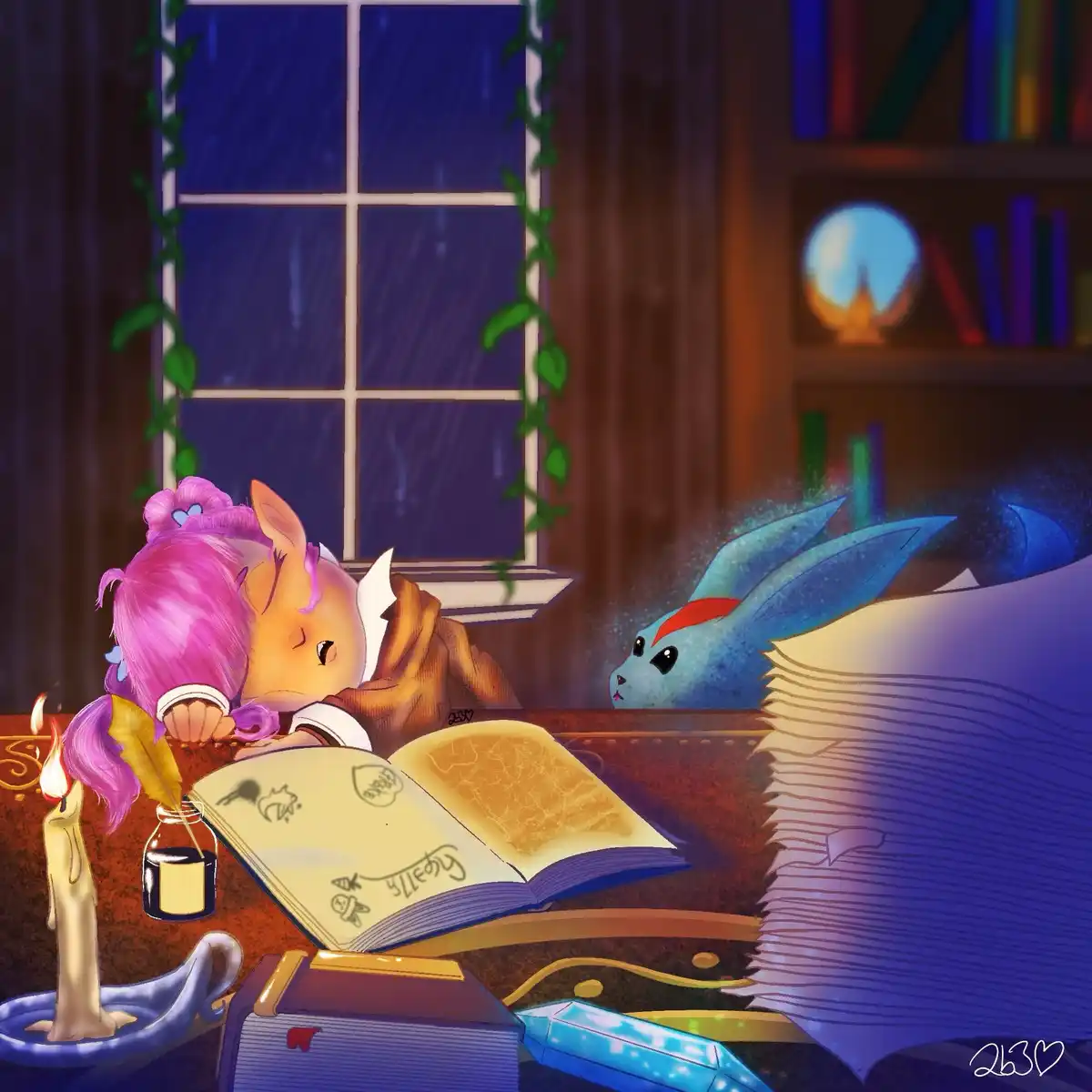 A cartoon pony with pink hair is asleep at a desk with a candle, inkwell, and an open book, while a blue dragon with a red…