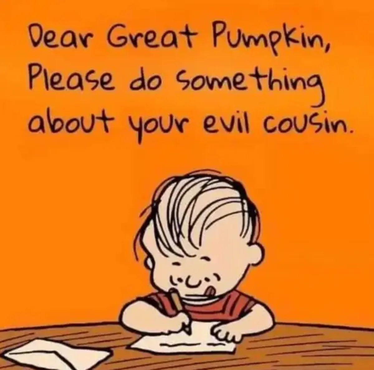 A cartoon child with messy hair, wearing a red striped shirt, is sitting at a wooden table writing a letter with a pencil…