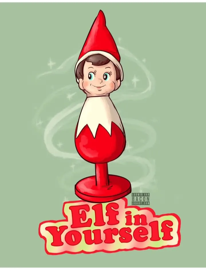 A cartoon elf with a red hat and white shirt is depicted as a red wine glass, standing on a base with swirling smoke and…