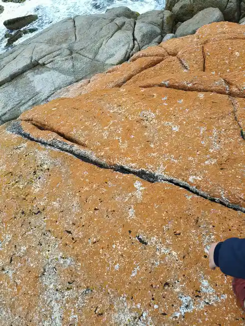 A close-up photo shows a person's arm and hand pointing at a prominent crack in a large, orange-brown rock covered in white…