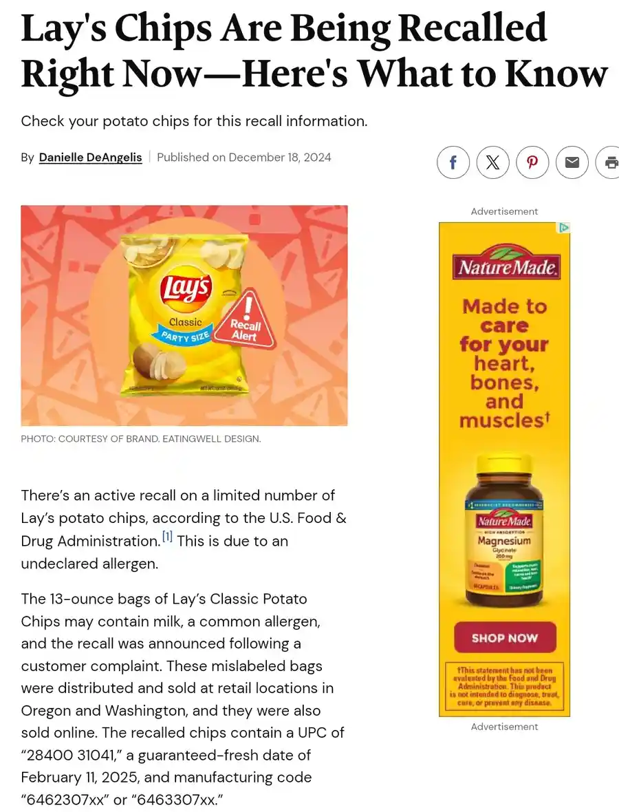A screenshot of a news article about a Lay's potato chip recall, featuring a photo of a yellow Lay's Classic Party Size bag…