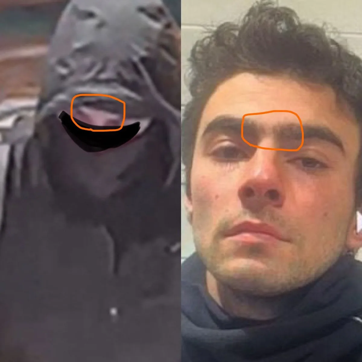 The image is a side-by-side comparison: on the left, a blurry security camera shot of a shark with its eye circled in…