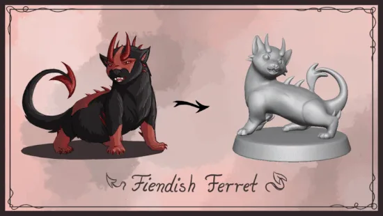 The image displays six panels arranged in two rows of three, each showing a demonic-looking ferret figurine on the left and…
