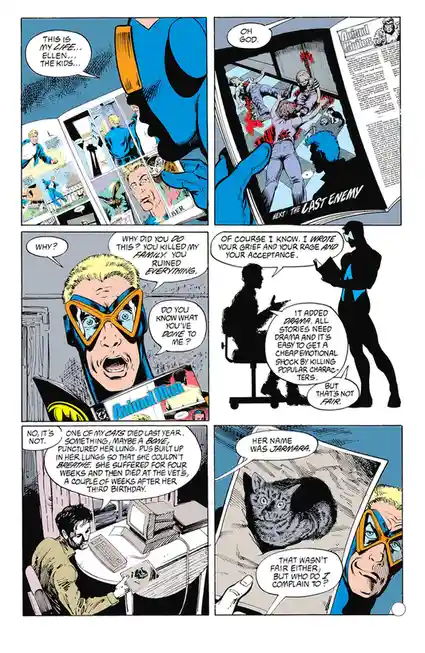 A comic book panel sequence from 'Animal Man' where a grieving superhero confronts the writer of his story, who explains…