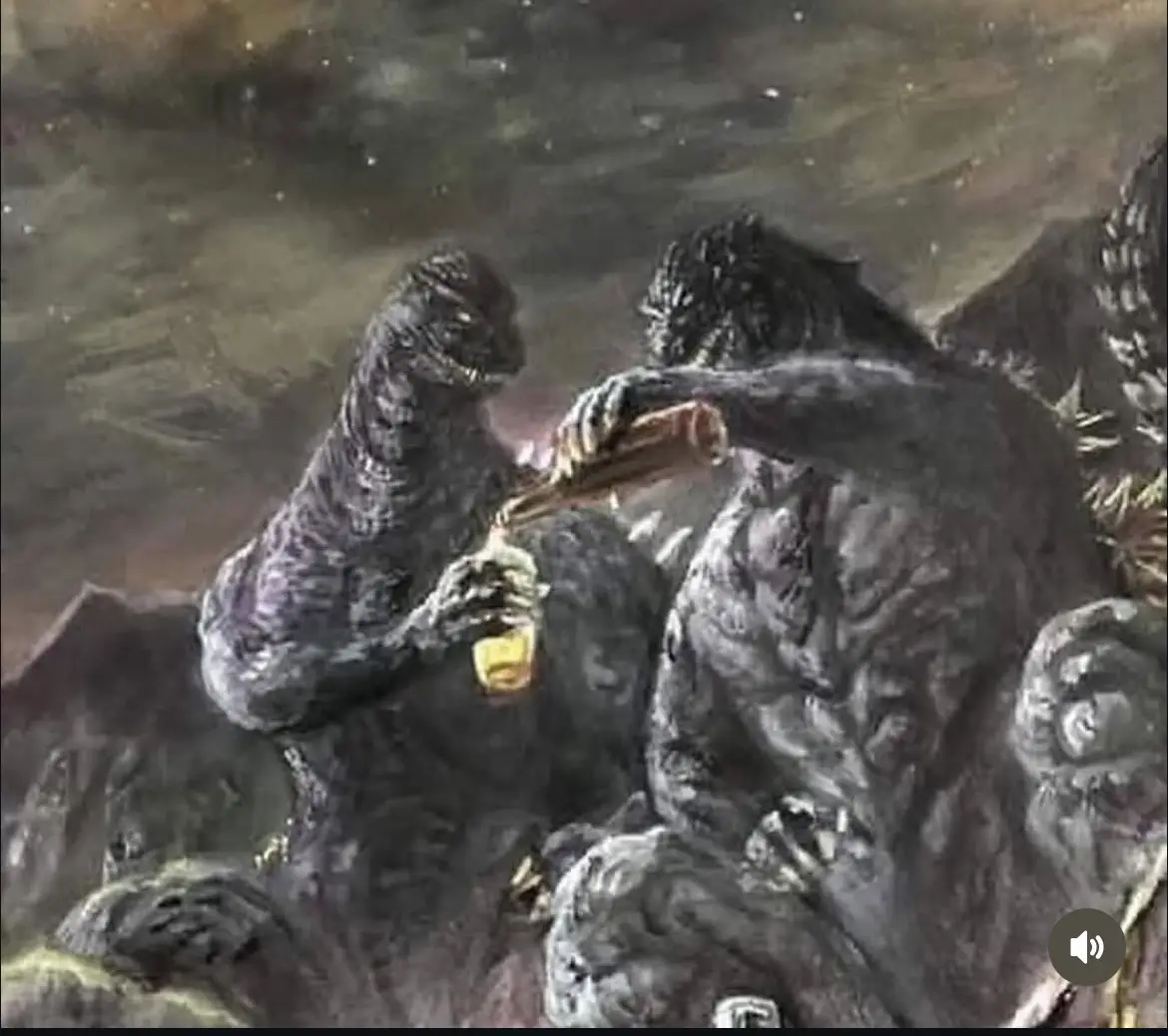 Two giant monsters, Godzilla and King Ghidorah, are shown sitting together in a rocky, desolate landscape, toasting with…
