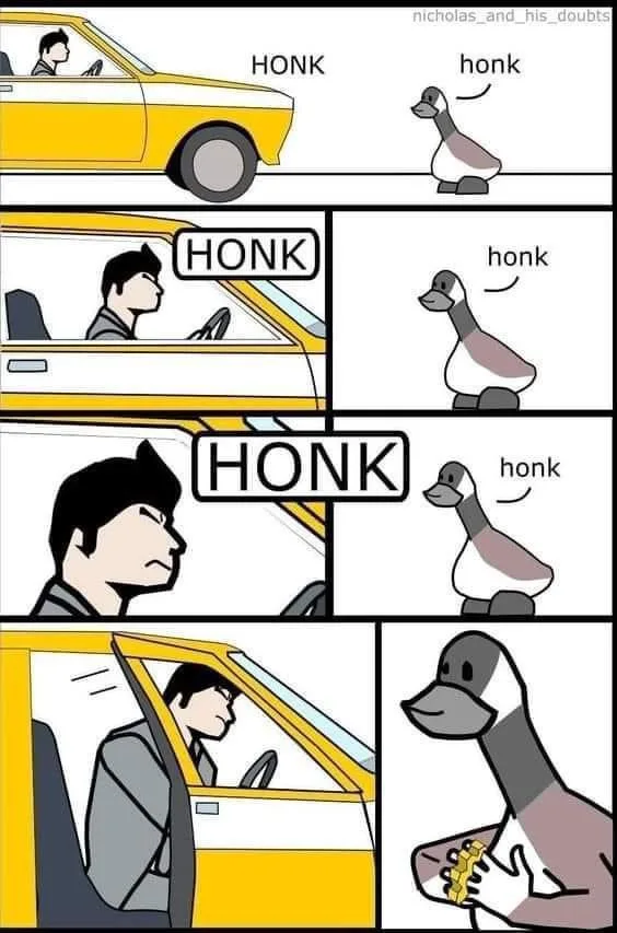 A four-panel comic strip shows a man in a yellow car honking his horn repeatedly at a duck standing on the sidewalk. The…