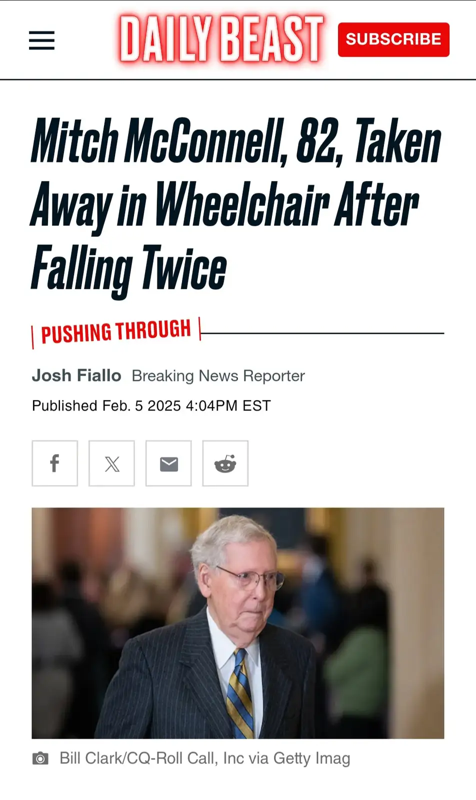 A screenshot of a Daily Beast news article header featuring a photo of Mitch McConnell. The headline reads 'Mitch McConnell…