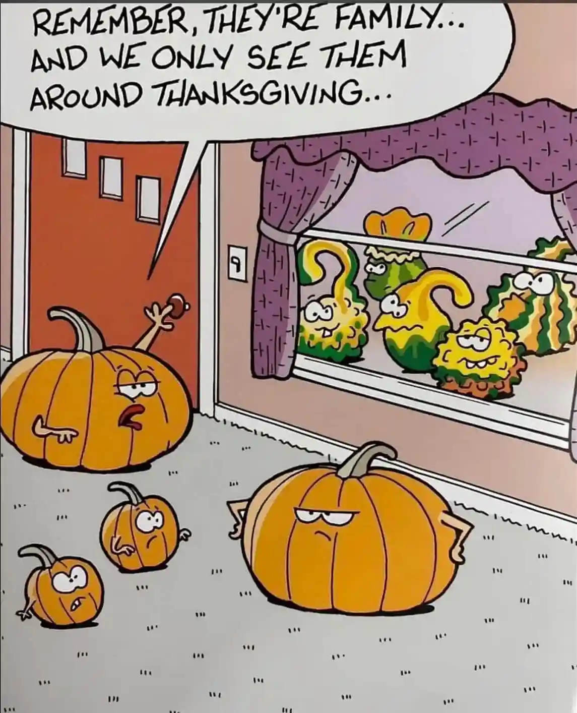 A cartoon depicts several anthropomorphic pumpkins inside a house looking out a window at a group of squash family members…