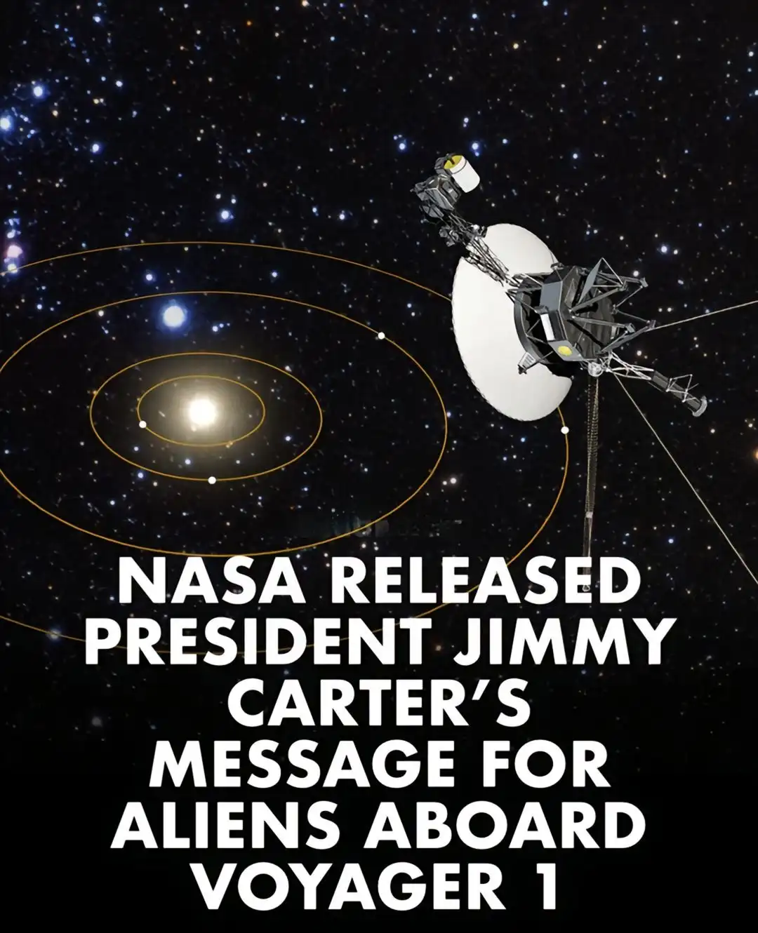 An image of the Voyager 1 spacecraft in deep space, with a starfield and a solar system diagram in the background. Overlaid…