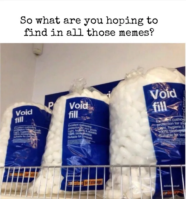 Three large bags of white packing peanuts labeled 'Void fill' sit on a metal shelf in a self-storage unit. The overlaid text…