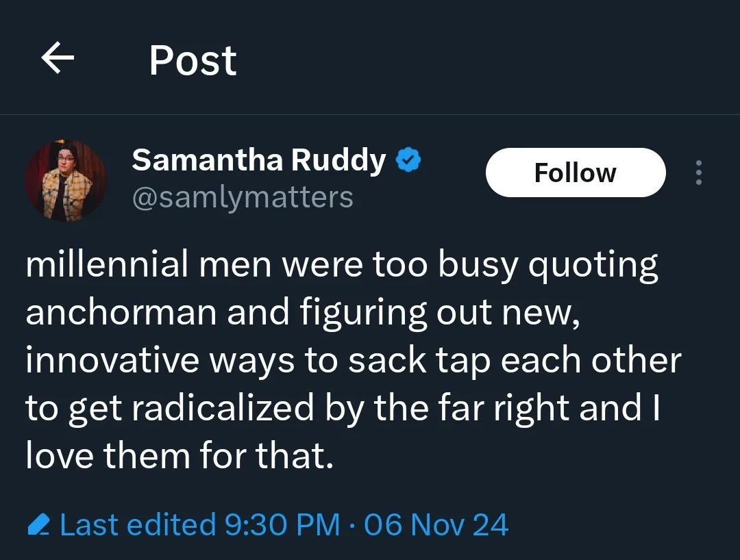A screenshot of a tweet from verified user Samantha Ruddy (@samlymatters) on a dark-mode Twitter interface. The tweet text…