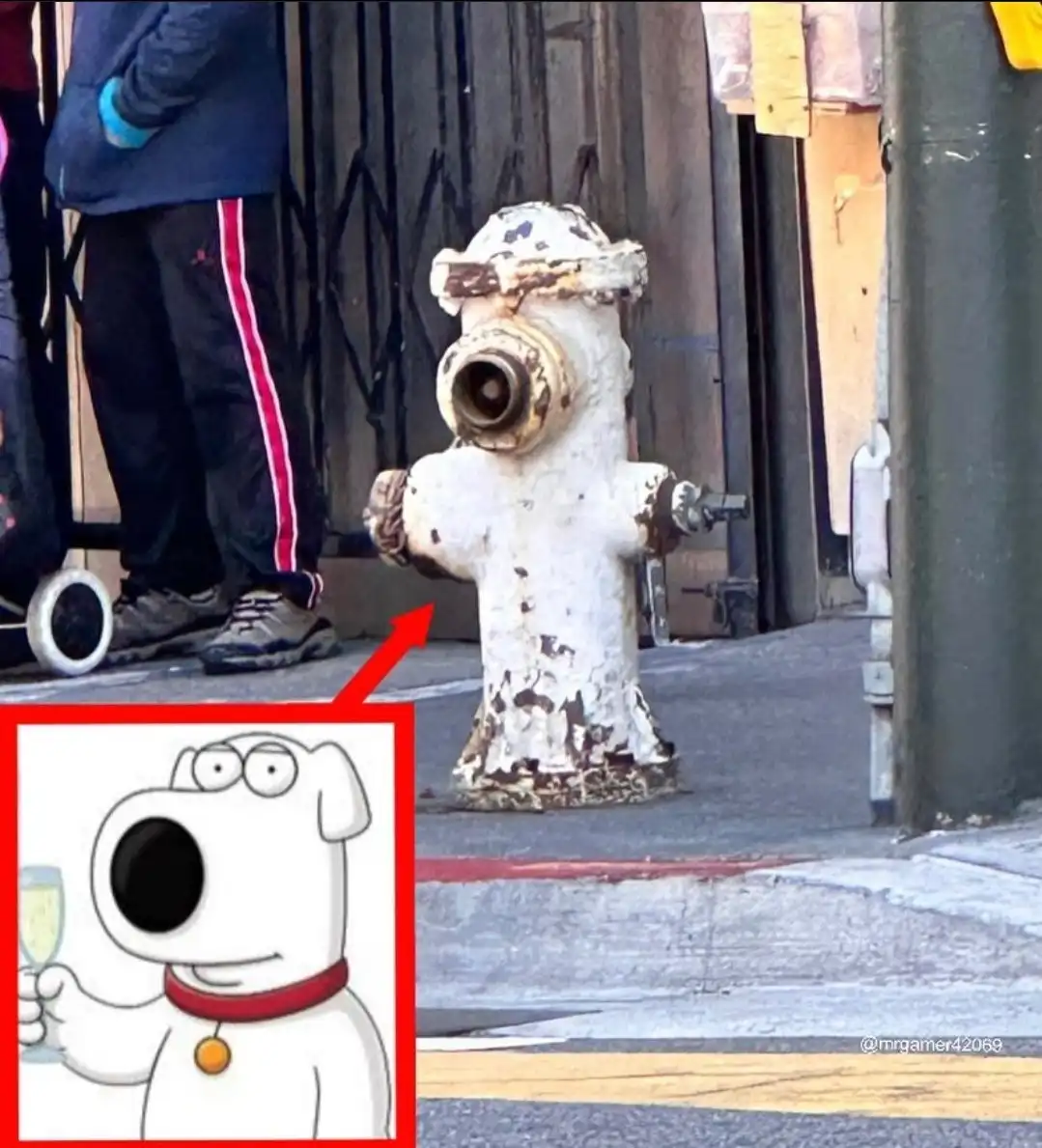 a photograph of a rusty, white-painted fire hydrant on a sidewalk, with a red arrow pointing to it. An inset image shows the…