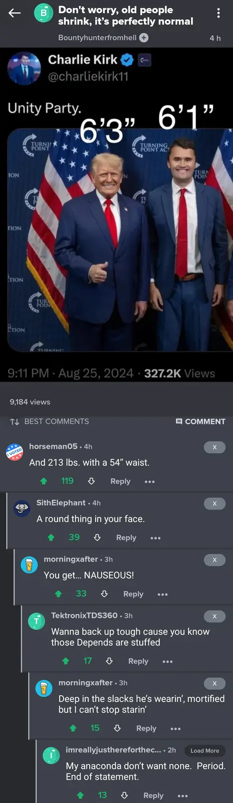 A screenshot of a social media post showing Donald Trump and Charlie Kirk standing side-by-side at a 'Unity Party' event…