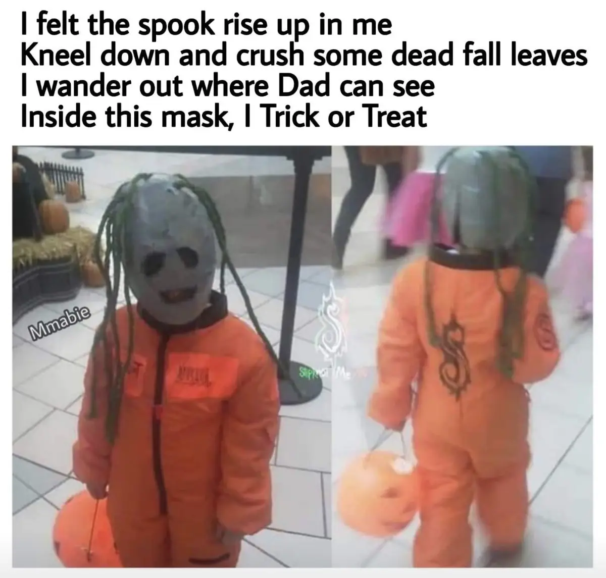 A split image shows a child in an orange jumpsuit and a gray, skull-like mask with green dreadlocks, holding a pumpkin…