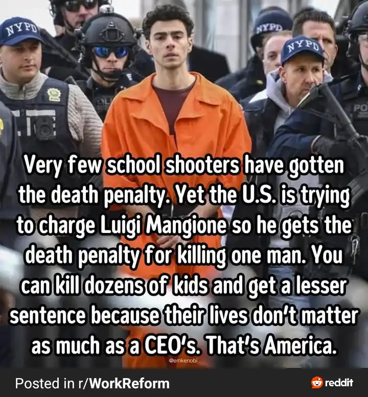 A man in an orange prison jumpsuit stands surrounded by NYPD officers in tactical gear. Overlaid text criticizes the U.S…