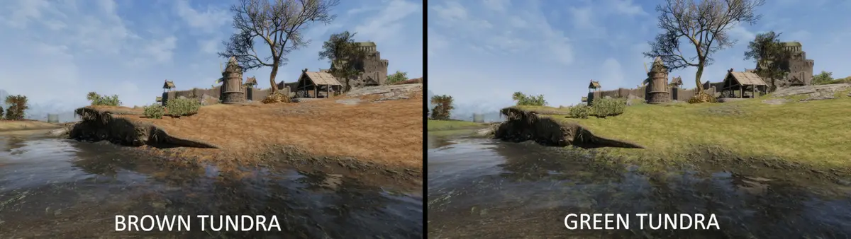 The image displays two side-by-side game environment screenshots of a tundra biome, labeled 'BROWN TUNDRA' on the left and…