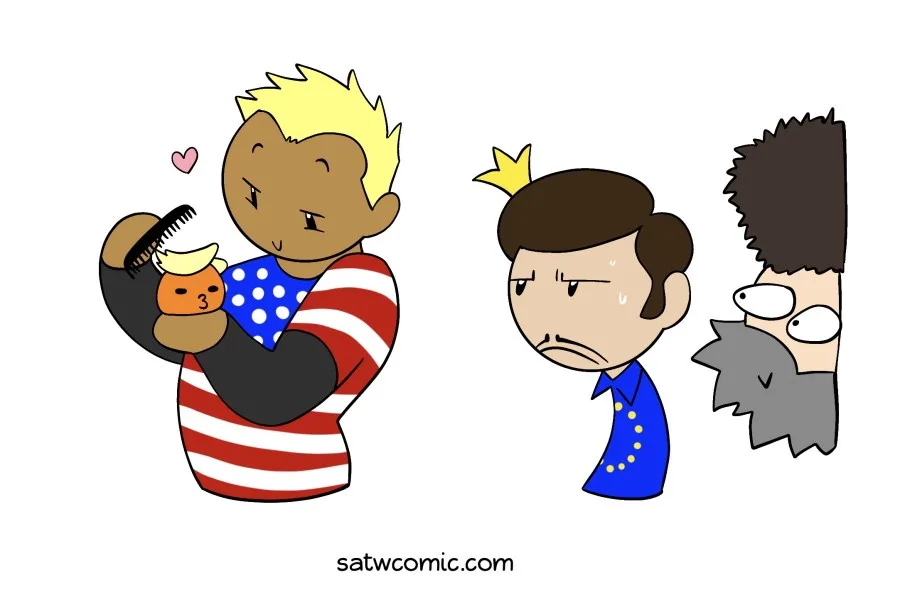A cartoon man in an American flag shirt lovingly holds a small child with a comb and a heart above them. To his right, a man…