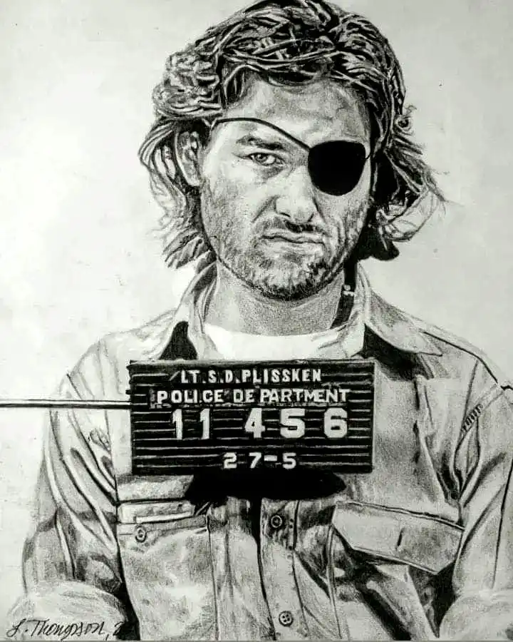 A black-and-white sketch portrays a man with long hair, an eyepatch over his left eye, and a crown of thorns on his head…