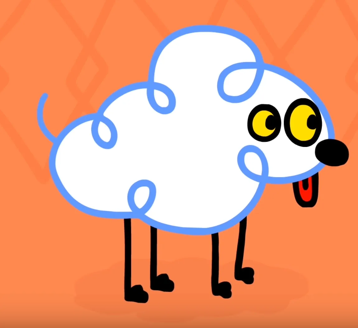 A cartoon dog with a fluffy white cloud-shaped body outlined in blue, standing on four thin black legs against an orange…