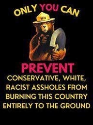 A black background features a brown bear wearing a yellow ranger hat and holding an axe, mimicking the iconic 'Only You Can…