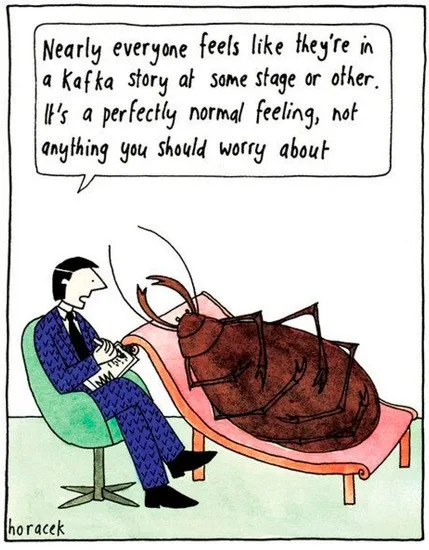 A cartoon depicts a man in a suit sitting in a green chair, taking notes, while a large brown cockroach lies on a pink…