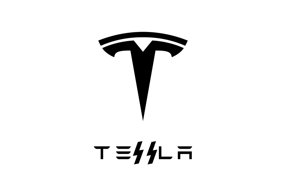 The image displays the Tesla logo, a stylized black 'T' on a white background, with the word 'TESLA' below it. The 'E' and…