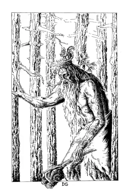 A black-and-white illustration depicts a muscular, bearded, shirtless man with a long beard and wild hair, standing in a…