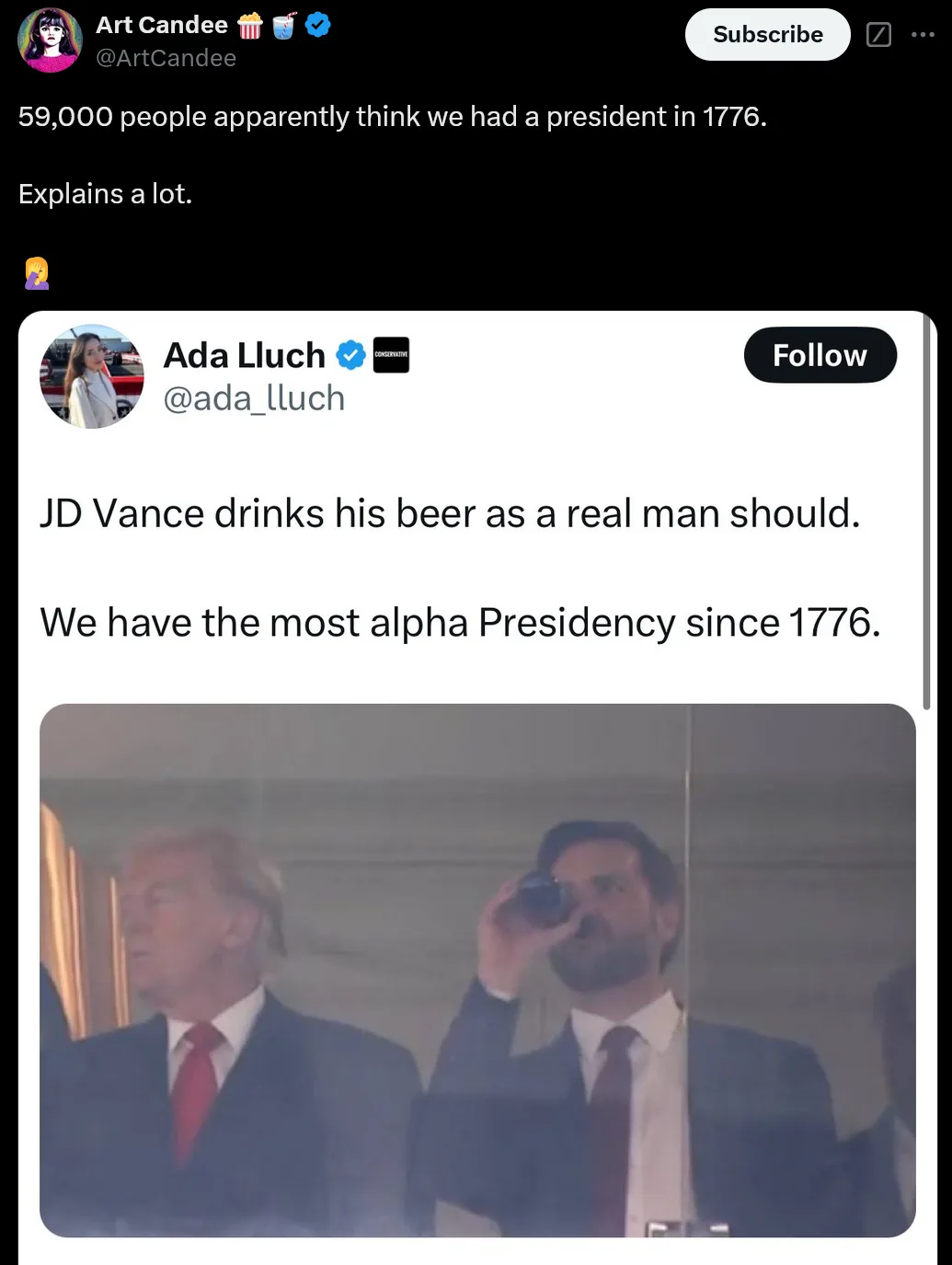 A screenshot of a tweet by Ada Lluch shows a photo of JD Vance drinking from a glass while Donald Trump looks on. The tweet…