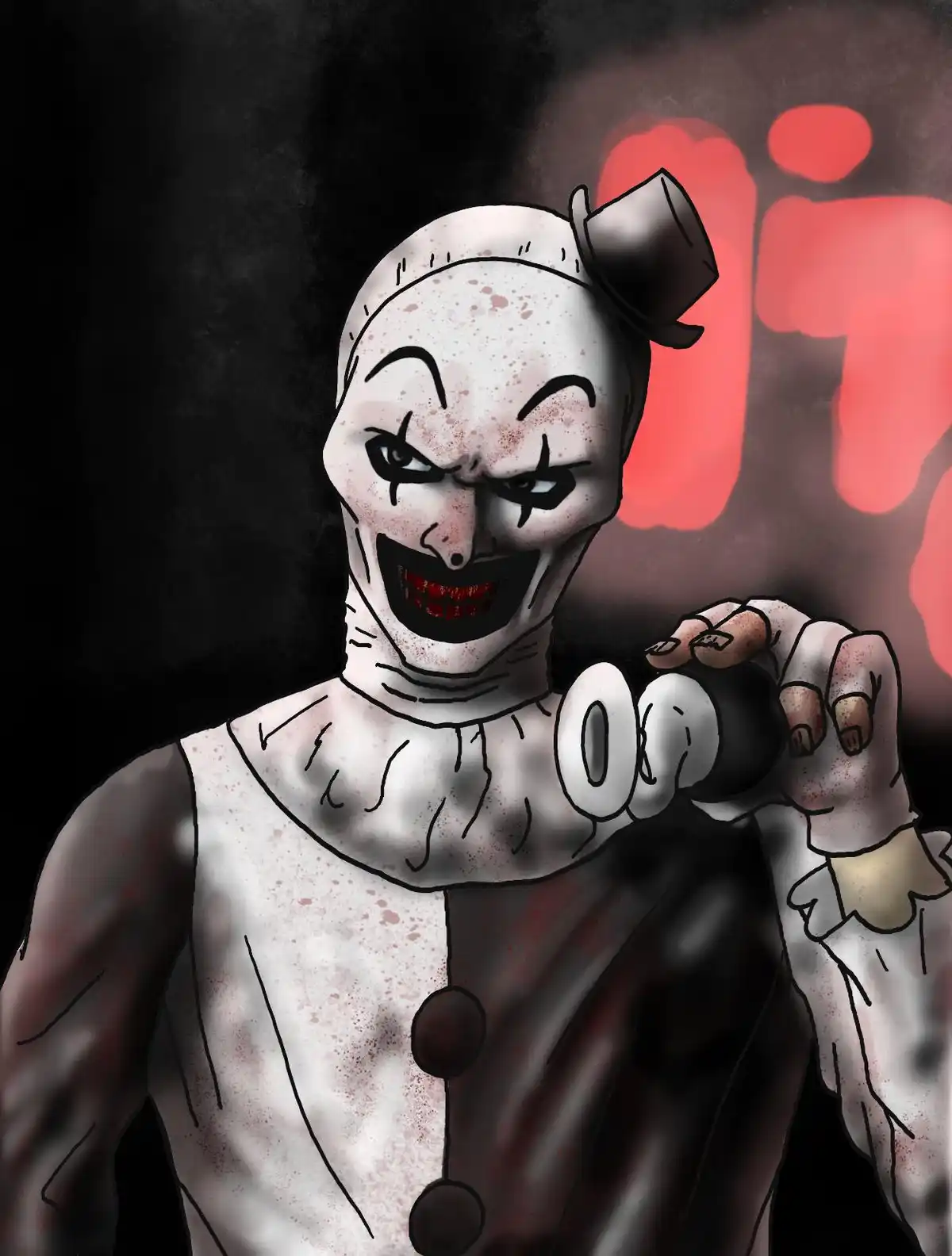 A menacing, blood-splattered clown with a small top hat and a wide, toothy grin holds up a large white number zero. The…
