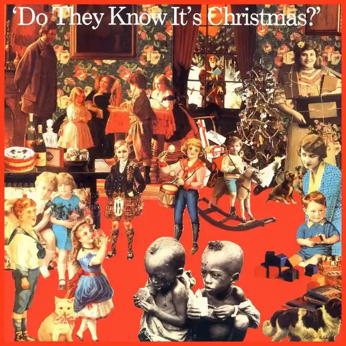 A vintage-style Christmas collage featuring children in festive attire around a decorated tree and gifts, juxtaposed with…