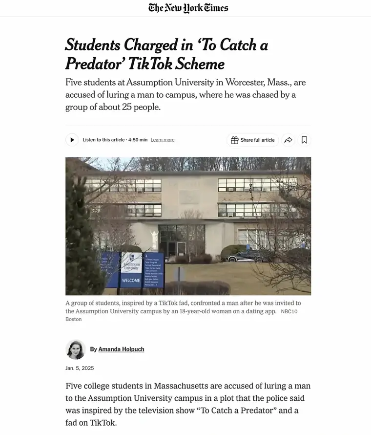 A screenshot of a New York Times article headline about students charged for a 'To Catch a Predator' TikTok scheme at…