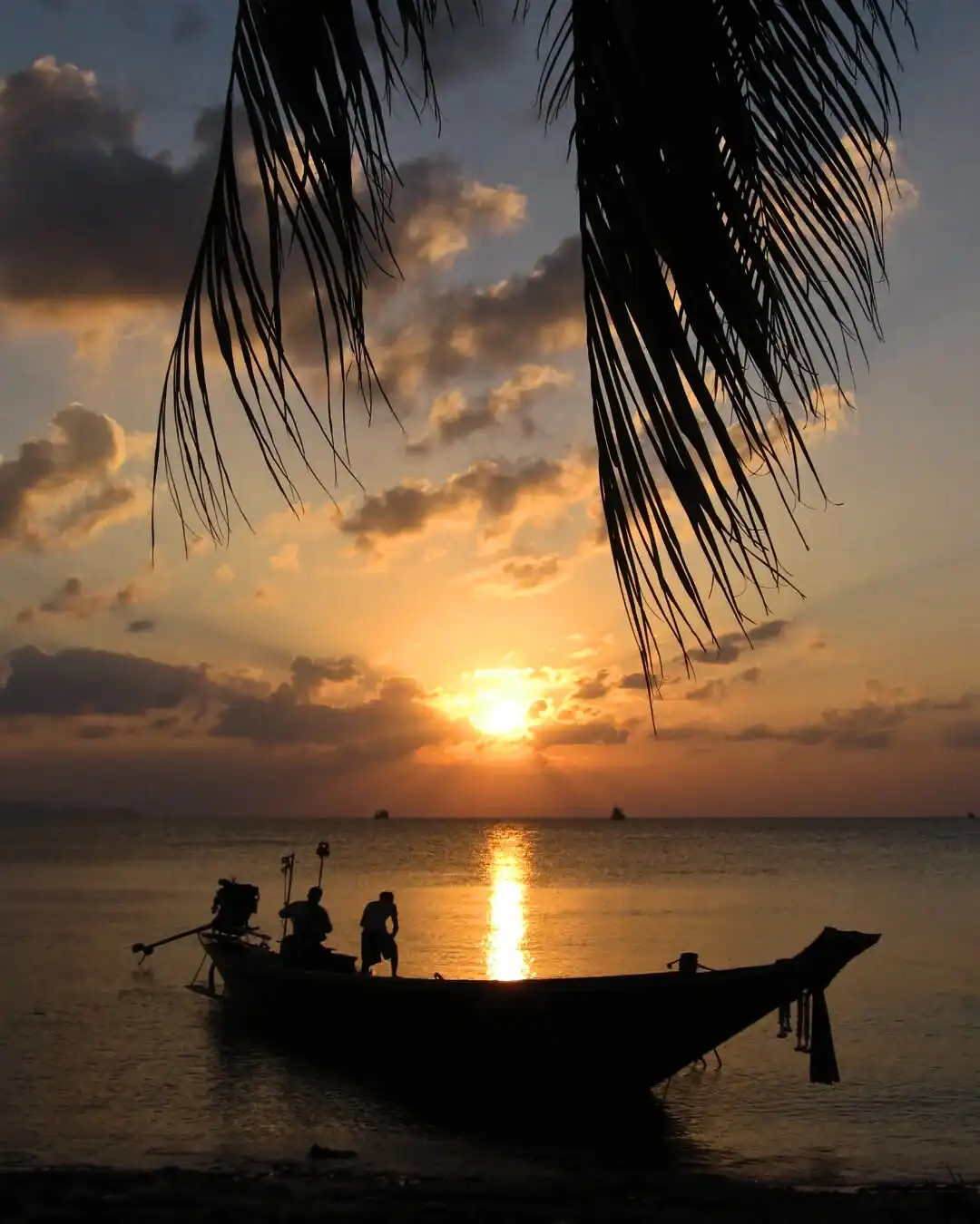 A serene sunset photo shows silhouettes of two people in a small boat on calm water, framed by hanging palm fronds. The sun…
