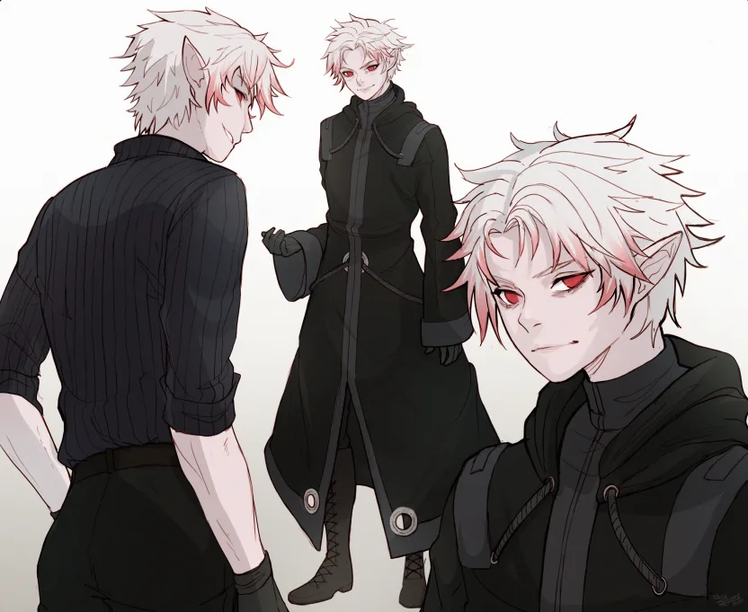 An anime-style illustration shows three views of the same character with spiky white hair, red eyes, and pointed ears…
