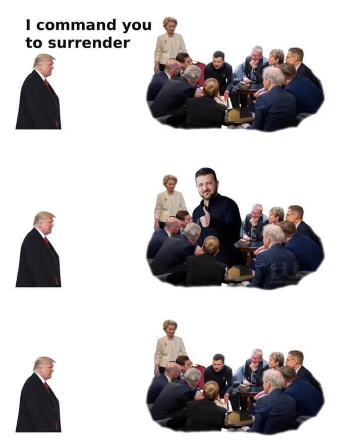 The image shows three panels. In each, Donald Trump stands alone on the left, facing a group of people seated around a table…