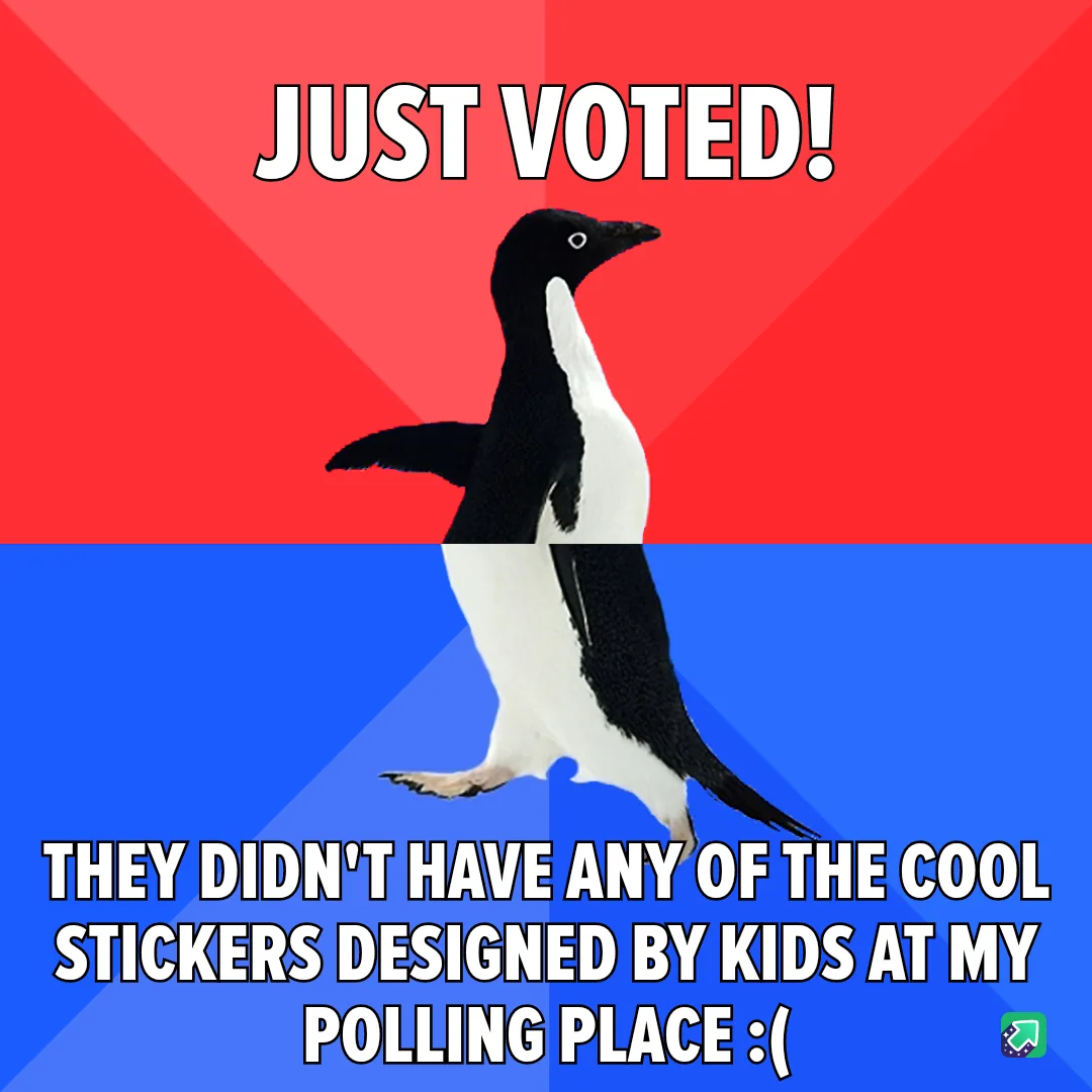 A penguin stands centered against a red and blue background, with bold white text above reading 'JUST VOTED!' and below…