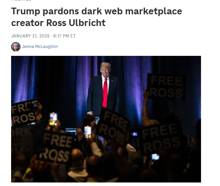 A screenshot of a news article with the headline 'Trump pardons dark web marketplace creator Ross Ulbricht' dated January…