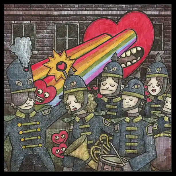 A cartoon illustration shows a group of uniformed marching band members with somber expressions, surrounded by whimsical…