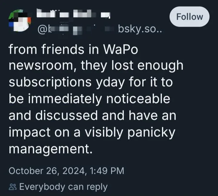 A screenshot of a post from a social media platform, likely Bluesky, showing a user's message about the Washington Post…