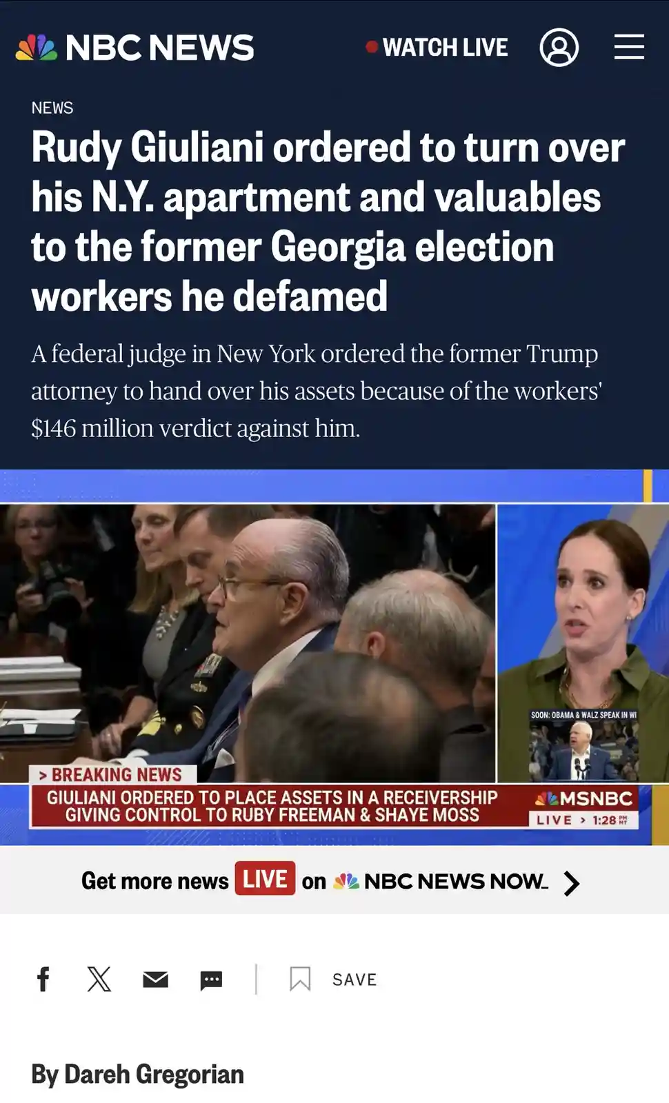 A screenshot of an NBC News article headline about Rudy Giuliani being ordered to turn over his New York apartment and…