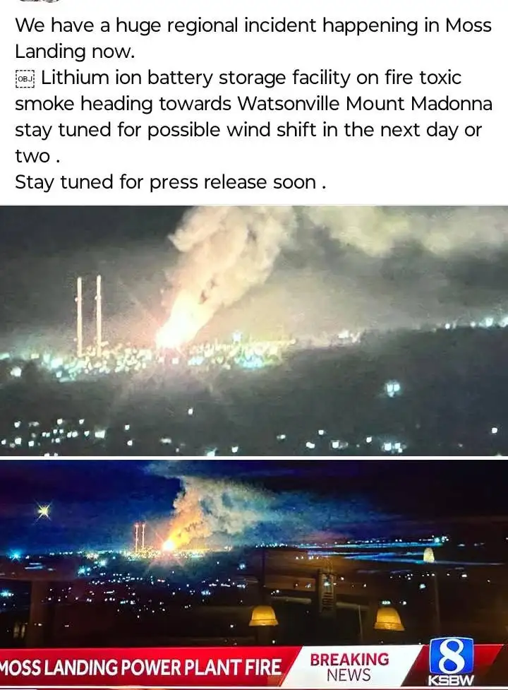 The image shows two nighttime photos of a large fire at an industrial facility, with smoke billowing into the sky over a…