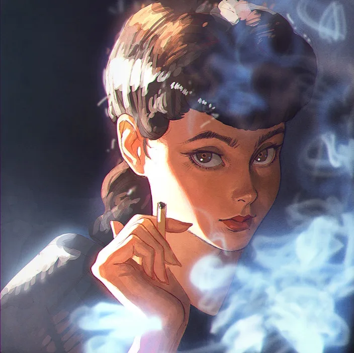 A stylized digital illustration of a woman with short dark hair and a serious expression, holding a lit cigarette and…
