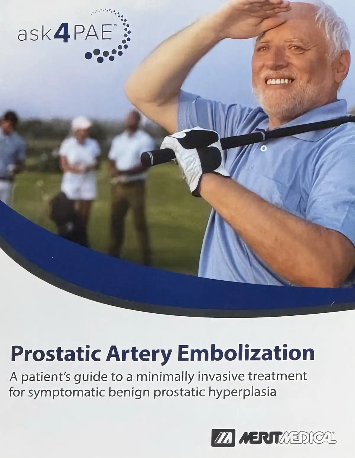 A promotional image for a medical guide titled 'Prostatic Artery Embolization' by Merit Medical, featuring a smiling older…