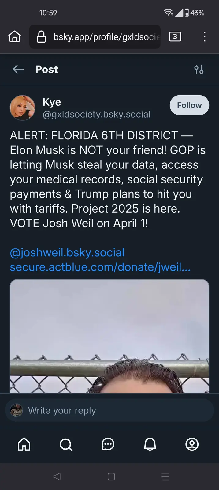 A screenshot of a Bluesky social media post by user Kye, featuring a dramatic warning about Elon Musk and the GOP allegedly…
